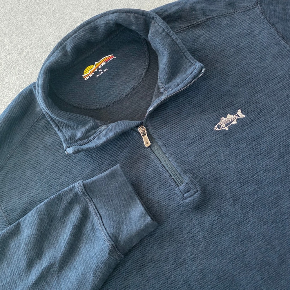 Orvis Mens XL Navy Blue Textured Quarter Zip Pullover Sweater Fish Logo - Picture 1 of 8